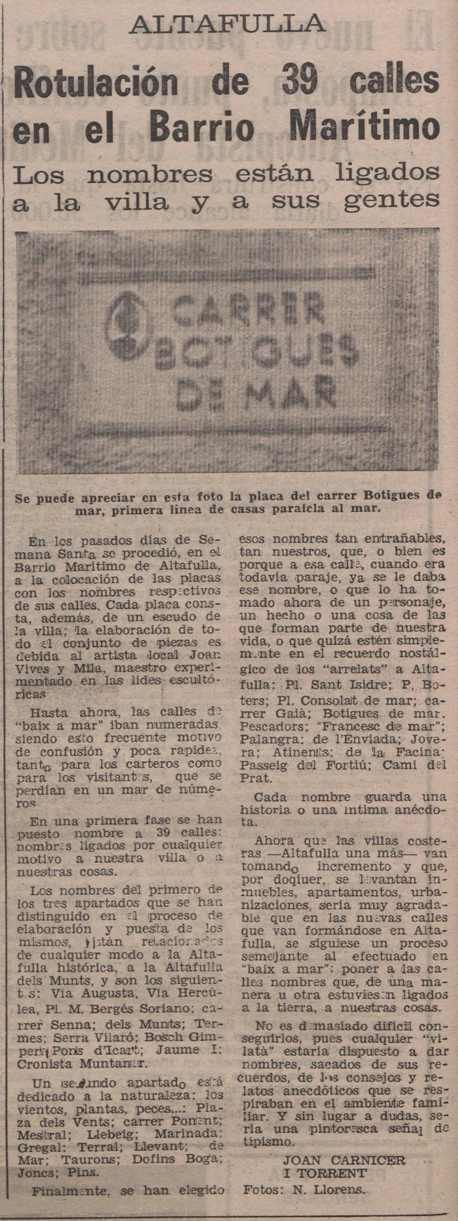 Diari Tarragona Noms carrers Baix a Mar Altafulla Diari Tarragona Noms carrers Baix a Mar Altafulla